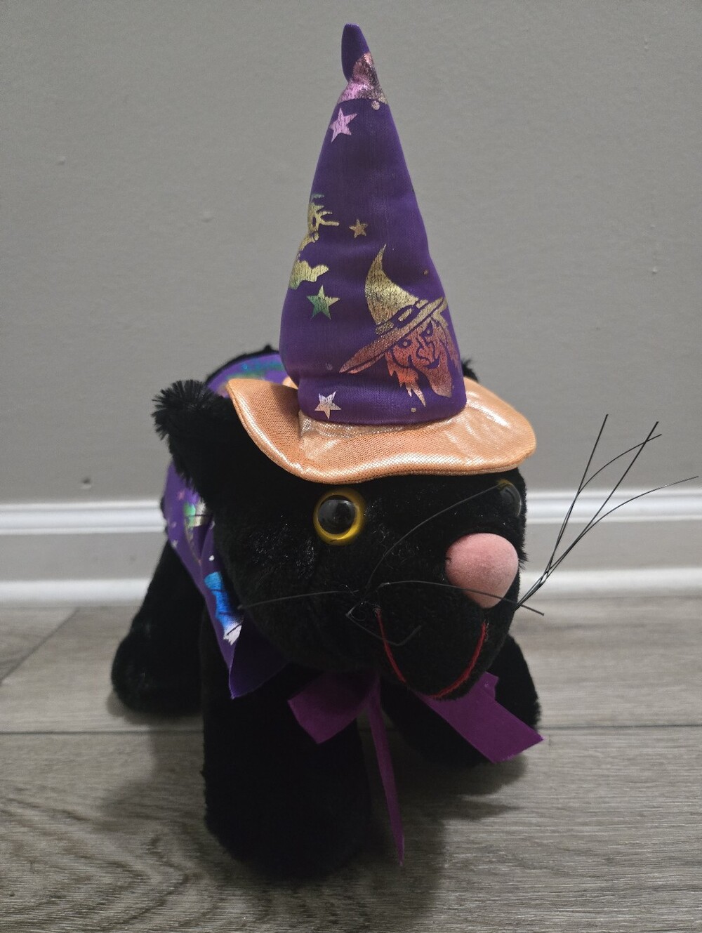 Softouch Vtg Black Cat Halloween Plush Purple Witch Hat and Cape Stuffed Animal